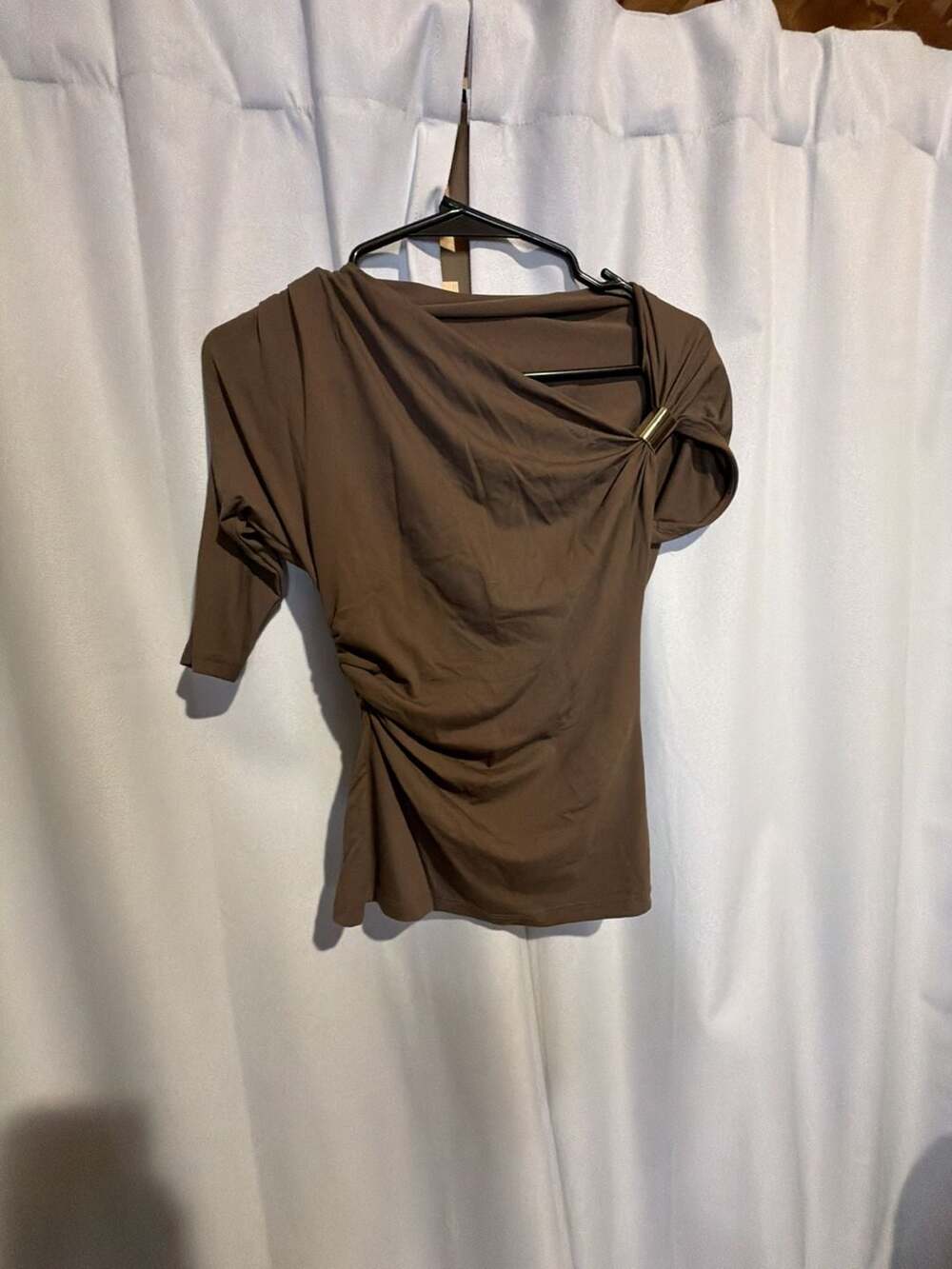 Zara Asymmetric Top Size S Brown Ruched Gold Ring Draped